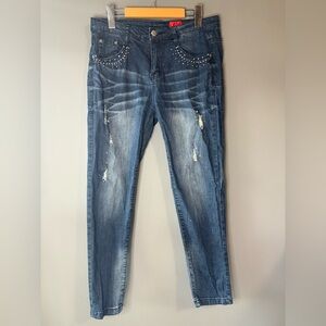 V Cristina size 8 Blue Denim Diamond Rhinstone Sequined Embellished Skinny Jeans